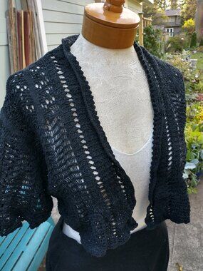 Cardigan: Linen/cotton, black cropped. Size medium - by Ralph Lauren